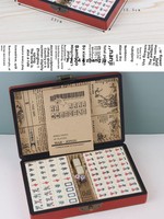 Jeu de tuiles de mahjong de style antique, 144 pièces, fait main, motif Dragon Phénix, instructions en anglais, mini kit, intérieur en bois, boîte en cuir