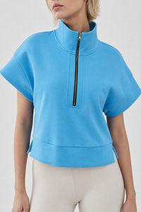 <span class=keywords><strong>Felpa</strong></span> Corta da Donna <span class=keywords><strong>con</strong></span> Mezza Zip, Maniche Corte, Collo Alto, Spalle Scivolate, Casual Sportiva, Personalizzabile - Product Image 2