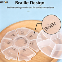 Boîte à pilules portable pour voyage avec couvercles à fermeture à pression indépendants, contenant pour médicaments et vitamines avec braille, organisateur de pilules rond pour 7 jours, boîte à pilules hebdomadaire