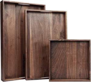 Ensemble de 3 grands plateaux ottoman en bois de noyer noir massif avec poignées, plateau de service décoratif en bois classique, L+M+S - Product Image 1