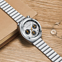 Montre chronographe sport à quartz, boîtier tonneau, anneau tachymètre, affichage de la date, bracelet en acier inoxydable