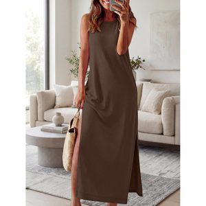 Anrabess Robe longue d'été sans manches pour femme, col rond, ample, tricotée, respirante, avec poches, fente, pour les loisirs, la plage, les vacances, les voyages - Product Image 6