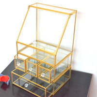 Couleur laiton personnalisé clair 3 couches verre transparent cosmétique maquillage organisateur jaune