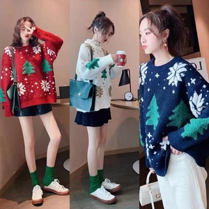 <span class=keywords><strong>Pull</strong></span> en laine pour femme à motif flocon de neige rouge et sapin de Noël, décontracté, mode automne-hiver, coupe ample, style Ins - Product Image 6