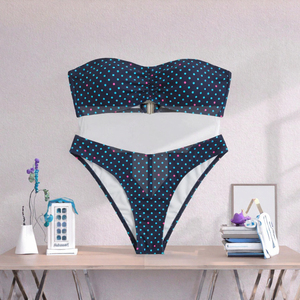 Ensemble bikini bandeau à pois pour femme, bas de maillot string extensible, imprimé numérique, maillot de bain deux pièces, coupe classique - Product Image 3