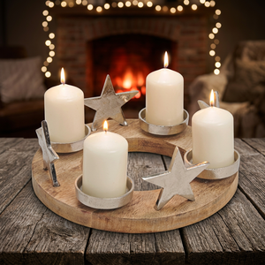 Couronne de l'Avent de Noël faite à la main, support de bougie étoile en fer et verre avec base en bois pour la décoration de la maison - Product Image 3