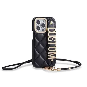 Classic Diamond Pattern Personalized Metal Letter Leather Lanyard Phone Case for Apple 14/13/12 Made of PU