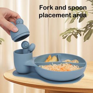 Assiette en silicone de qualité alimentaire OEM/ODM avec ensemble fourchette-cuillère en acier inoxydable, vaisselle multifonction écologique - Product Image 4