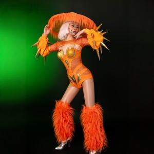 Costumes de performance sexy personnalisés pour femme, combinaison Gogo avec grand chapeau, pour ambiance de bar, spectacle de fête et personnage de spectacle - Product Image 5