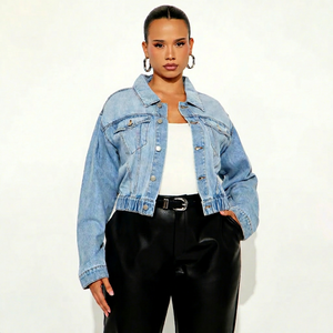 Women's Stonewashed <b>Denim</b> <b>Jacket</b> Regular Fit Button Front <b>Crop</b> Top Casual Autumn Style Solid Color Cotton Woven Coat - Product Image 1
