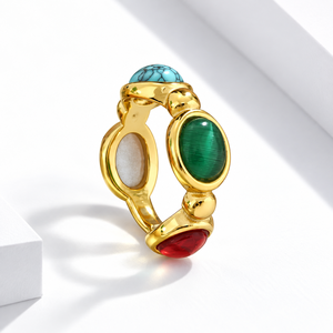 Gold Plated Cocktail <b>Ring</b> With <b>Turquoise</b> Green And Red Stones Bohemia Style Party Jewelry Unisex Gift - Product Image 1