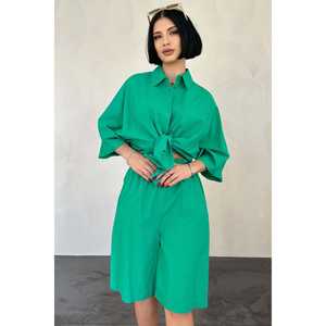 Women's <b>Linen</b> <b>Short</b>-<b>Sleeved</b> <b>Shirt</b> and <b>Shorts</b> Set Green Wholesale - Product Image 2