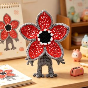 Adorno de estambre rojo tejido con hilo de punto y colgante de muñeca de flor carnívora gris tejida a mano a ganchillo - Product Image 3