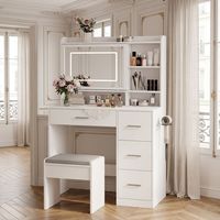 Coiffeuse moderne OEM pour chambre à coucher avec miroir lumineux, chaises, 4 tiroirs, 3 modes d'éclairage réglables, prise de courant et miroir LED coulissant