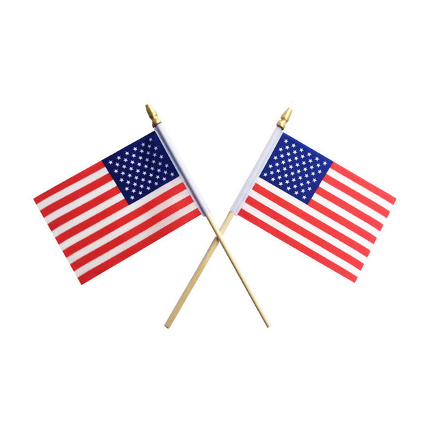 Outdoor Full Color Die Cutting Printed 4''x6'' USA Small American Flags on Wood Stick 4th July Custom Logo Nylon Flag
