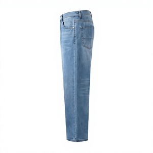 Jean en denim déchiré délavé à la pierre pour homme, taille haute, coupe droite, écologique, coupe régulière, style décontracté, bleu, coton épais - Product Image 3