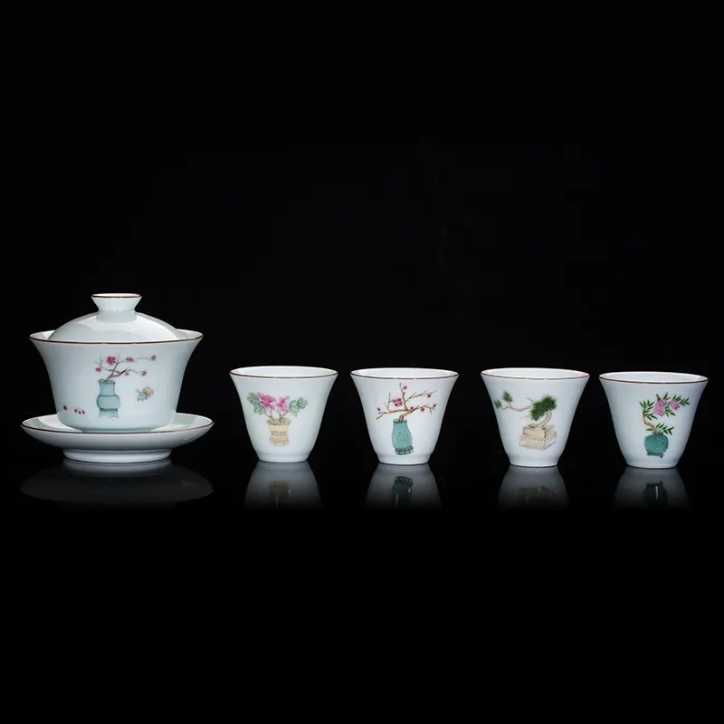 Caja de regalo de porcelana Zhong's Kiln Jingdezhen, juego de 5 piezas de taza de té Kungfu, tazón con cubierta de cerámica, juego de tazas de té Kung Fu