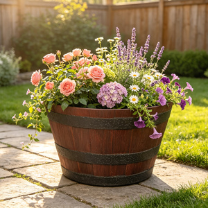 Pot <span class=keywords><strong>de</strong></span> fleurs rustique d'extérieur en résine <span class=keywords><strong>de</strong></span> 15 pouces, pot <span class=keywords><strong>de</strong></span> fleurs en forme <span class=keywords><strong>de</strong></span> baril, pot <span class=keywords><strong>de</strong></span> fleurs brun, grain <span class=keywords><strong>de</strong></span> <span class=keywords><strong>bois</strong></span> vintage, pot <span class=keywords><strong>de</strong></span> fleurs d'extérieur empilable - Product Image 3