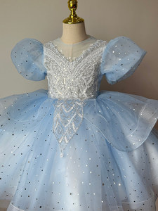 Abito Estivo Corto di Alta Qualità con Maniche a Sbuffo e Stampa di Stelle con Paillettes per Bambine, Outfit per Compleanno e Esibizioni di Pianoforte - Product Image 2