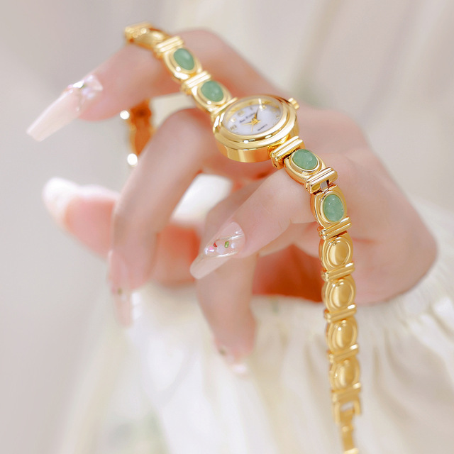 BS Brand Bracelet Watch Natural Green Jade Colorful Gems Good Luck Blue Alloy Case Quartz Movement Hardlex Glass