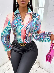 Blusa feminina casual elegante com estampa de manga comprida para mulheres, blusa slim tops primavera verão