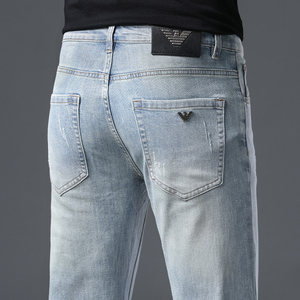 Jean Homme Bleu sur Mesure Très Élastique Délavé aux Pierres Bouton Rivet Coupe Droite Respirant en Denim Taille Moyenne pour Automne Slim Décontracté Professionnel - Product Image 1