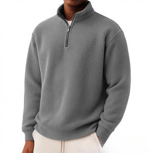 Factory Wholesale Custom Men's Waffle 1/4Zip <strong>Neck</strong> Pullover <strong>Jumper</strong> Pure Color Long Sleeve <strong>Polo</strong> Shirt Knitwear Men Pullover - Product Image 3