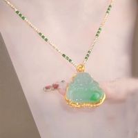 Collier avec pendentif Bouddha Maitreya souriant en imitation jade chinois pour hommes et femmes, plaqué argent 925, chalcédoine verte