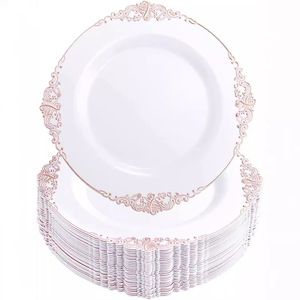Ensemble d'assiettes et couverts en plastique jetables personnalisés avec bordure dorée Vaisselle de fête et de repas écologique pour événements de mariage - Product Image 2