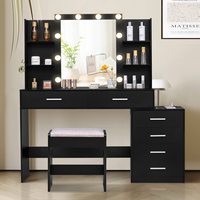 TEENFON Ensemble de coiffeuse moderne en bois de 48 pouces avec tabouret, miroir LED éclairé, 6 tiroirs, 6 étagères, prise de courant, design blanc pour chambre à coucher