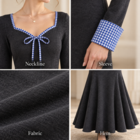 Robe longue décontractée sirène pour femme, tricotée, à col cœur, manches longues, avec nœud et bordure contrastante à carreaux vichy, marque privée