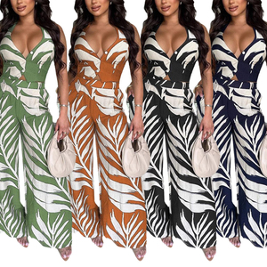 แฟชั่นฤดูร้อน เสื้อคอวีพิมพ์ลายเซ็กซี่ กางเกงขายาวทรงกว้าง ชุดเซ็ตสองชิ้น แฟชั่น - Product Image 1