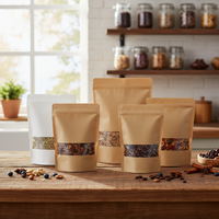 Sachets Doypack en papier Kraft refermables avec fermeture éclair et fenêtre pour emballage de café, disponibles en 2oz, 3.5oz, 5oz, 8oz, 12oz, 18oz, 28oz, 36oz, 52oz, 70oz