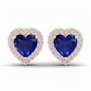 <b>Heart</b> Shape Rose Gold Jewelry Blue Sapphire <b>Earrings</b> Set Round Cut Moissanite Halo Stud <b>Earrings</b> New Style Gemstone Jewelry - Product Image 1