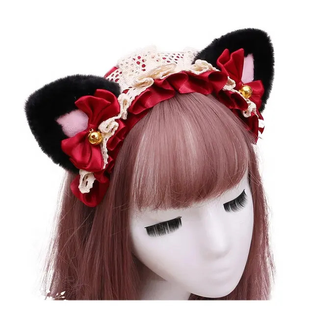 Lông Thỏ Thỏ Tai Clips Bowknot Lolita Maid Ren Tai Mèo Headband Phụ Kiện Kitty Fancy Dress Kawaii Neko Kitten Tai Bow