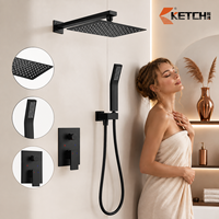 Sistema de ducha de latón elegante negro mate cuadrado con varilla de ducha de mano para lluvia, control de palanca mezcladora con dial de desviación