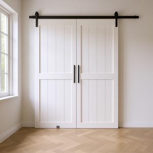 Portes coulissantes pliantes doubles en bois massif 16 x 84 x 3 avec kit de quincaillerie et rail inclus, style ferme intérieur - Product Image 2