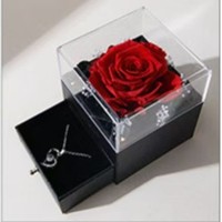 Boîte à bijoux en acrylique véritable fleur de rose unique éternelle avec double tiroir pour bague et collier Boîte cadeau préservée pour la fête des mères