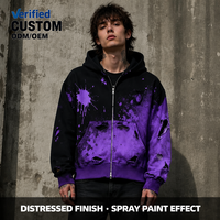Sweat à capuche zippé pour homme, personnalisé OEM, noir 500 GSM, effet peinture pulvérisée, déchirures effilochées, style grunge urbain