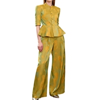 Ensemble de costume 2 pièces pour femmes, blazer slim à bouton unique en satin à imprimé floral, pantalon à jambes larges, fabrication OEM ODM