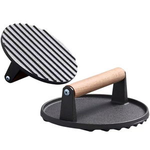 Cast Iron Meat Press Plate With Wooden Handle For Grilling Steaks Outdoor Use - Product Image 1