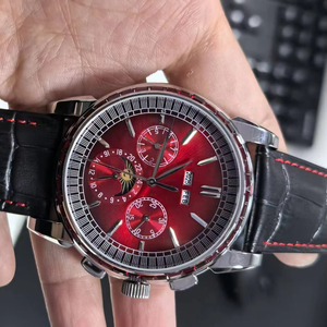Montre mécanique chronographe multifonction pour homme de haute qualité, cadran rouge, bracelet en cuir noir avec affichage des phases lunaires - Product Image 2