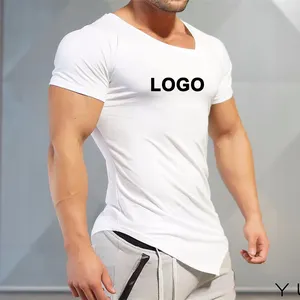 Camiseta de algodón elástico para hombre, playeras lisas para fitness, culturismo, gimnasio, impresión personalizada, color blanco, a granel