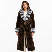 Manteau long en fausse fourrure à imprimé léopard pour femme, élégant, chaud, avec ceinture, col et poignets contrastés en fausse fourrure moelleuse, manteaux en fausse fourrure écologique
