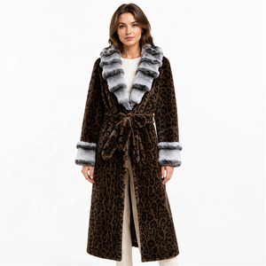 Damen Leoparden-Print Kunstfell Langer Mantel Winter Eleganter Gürtel-Wärmemantel mit Kontrast-Flauschkragen und -Manschetten Öko-Kunstfellmantel - Product Image 3