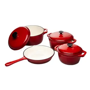 定制搪瓷炊具套装铸铁烹饪套装红色砂锅锅碗瓢盆7件