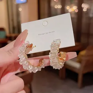 Fashion Jewelry Earrings Glass Crystal Earrings Women 925 Sliver Post C Shape Hoop Earrings