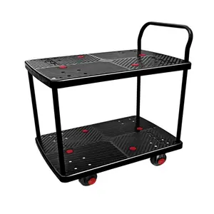 Uni-Silent 150 kg Rubber Wheels Trolley 2 Shelf Go Cart Plastic Platform Trolley with Single Handle PLA150-T2-BK