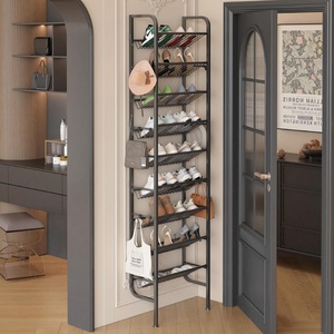 Organisateur de chaussures autoportant à 9 niveaux avec 12 crochets, support de rangement vertical adhésif pour entrée et dressing, capacité 18 paires de chaussures - Product Image 1