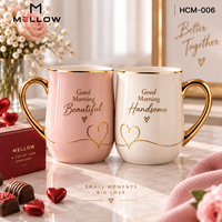 Joli ensemble de tasses à café en porcelaine rose et blanc avec poignée dorée en forme de cœur, 2 pièces, pour la Saint-Valentin